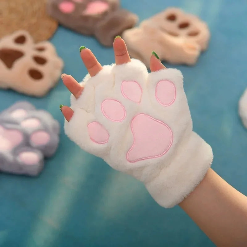 Lovely Plush Cat Claw Paw Gloves Plush Mittens Warm Soft Plush Short Fingerless Fluffy Bear Gloves Costume Half Finger Gloves