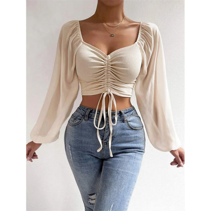 S-3XL Mesh Lantern Sleeves Drawstring Wrap Chest Bare Midriff T-Shirt Women Long Sleeve Ruched Blouse Sexy Crop Top Tee K5995