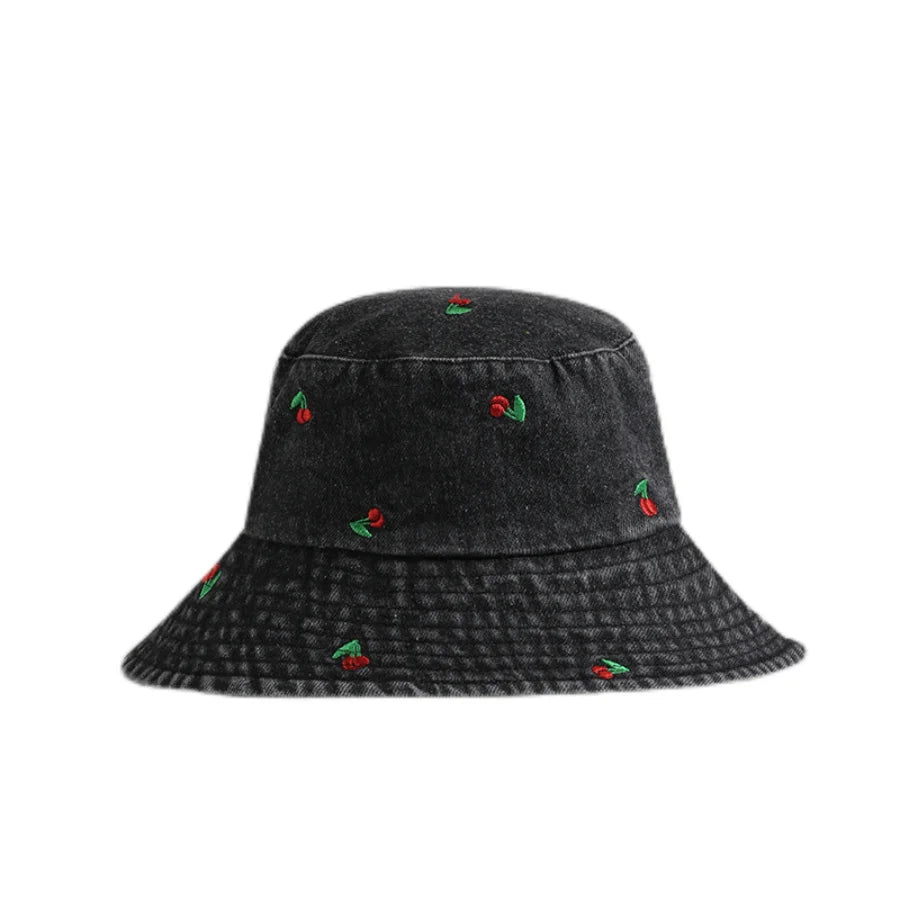 Spring Summer Strawberry Embroidery Denim Jeans Bucket Hat Legent Fisherman Hats for Women Foldable Sport Sun Beach Panama Caps