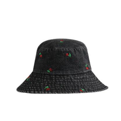 Spring Summer Strawberry Embroidery Denim Jeans Bucket Hat Legent Fisherman Hats for Women Foldable Sport Sun Beach Panama Caps
