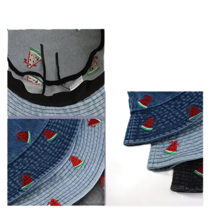 Spring Summer Strawberry Embroidery Denim Jeans Bucket Hat Legent Fisherman Hats for Women Foldable Sport Sun Beach Panama Caps