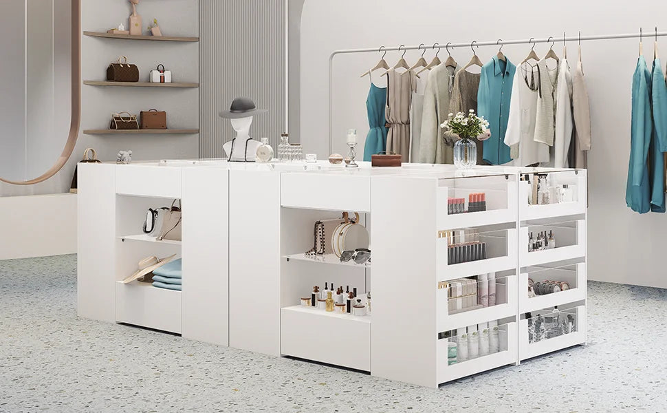 Closet Island with Drawers, Wardrobe Armoire Bedroom Island, Glass Display Shelf & 12 Drawers, White Dresser with Glass Top