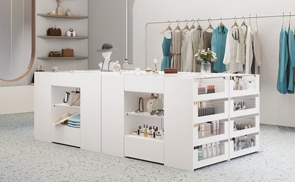 Closet Island with Drawers, Wardrobe Armoire Bedroom Island, Glass Display Shelf & 12 Drawers, White Dresser with Glass Top