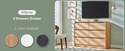 Modern 6 Drawers Dresser, 47" Wide Wood Dressers & Chests of Drawers w/Curved Profile Design, Natural Texture for Bedroom.