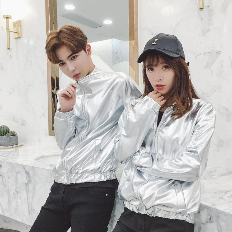 Mens Windbreaker Jackets Nightclub Stage Party Jackets Costume Streetwear Harajuku Hip Hop Reflective Jacket Gold Fashion Coats