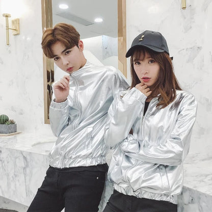Mens Windbreaker Jackets Nightclub Stage Party Jackets Costume Streetwear Harajuku Hip Hop Reflective Jacket Gold Fashion Coats