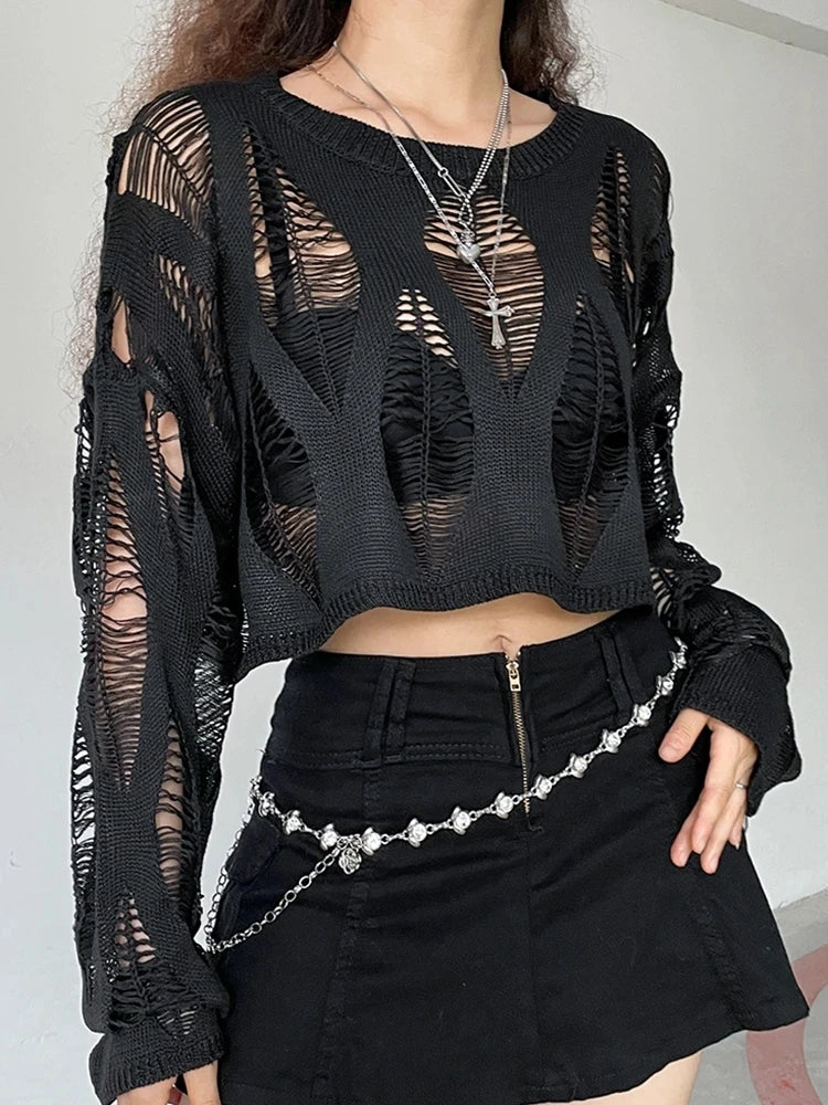 Perforated Hollow Out Knitted Blouse Sunscreen Long Sleeve Top Gothic Dark Black Sexy Thin Sweater Women's Summer Chic Crop Tops