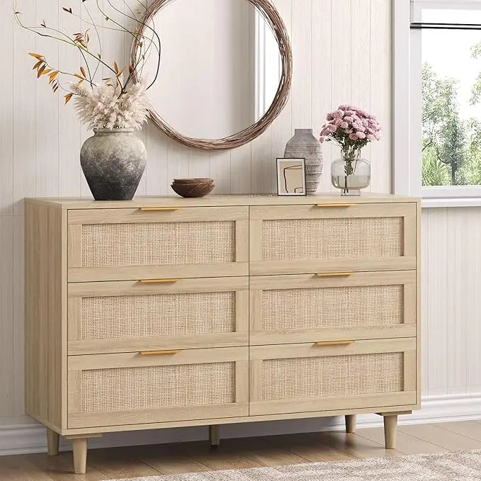 Rattan Dresser for Bedroom, 6 Drawer Wide Dresser, Boho&Farmhouse Chest of Drawers, 43" Clothes Storage Cabinet, Metal Handle