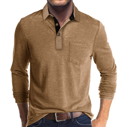 Spring Trend Men's Long Sleeve Casual Tshirt Solid Lapel Button Up Pullover Tops Autumn Turn Down Collar Bottoming Polo Shirt