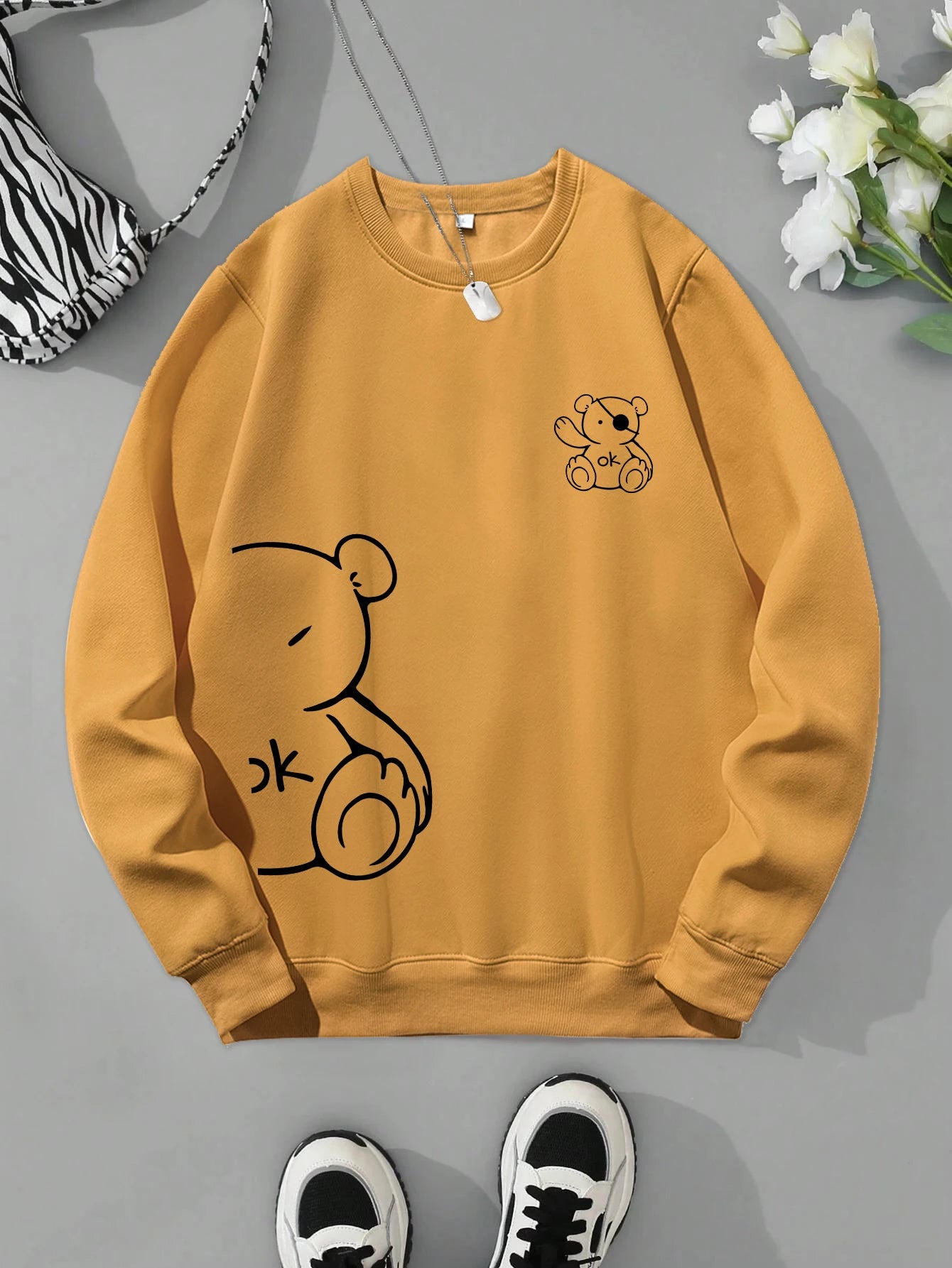 Kawaii OK Teddy bear Printing Sweatshirts For Women Classic Retro Fashion Hoodies Fleece Warm Casual Clothes Loose Sportswear