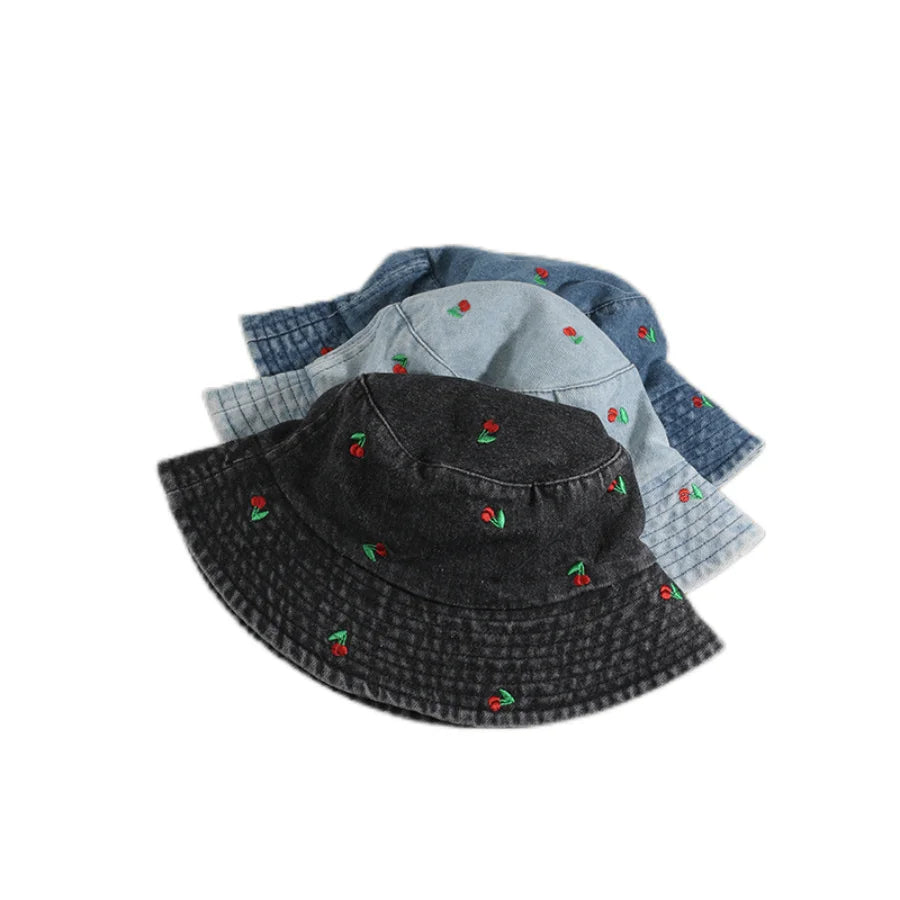 Spring Summer Strawberry Embroidery Denim Jeans Bucket Hat Legent Fisherman Hats for Women Foldable Sport Sun Beach Panama Caps