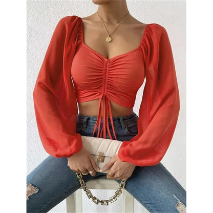 S-3XL Mesh Lantern Sleeves Drawstring Wrap Chest Bare Midriff T-Shirt Women Long Sleeve Ruched Blouse Sexy Crop Top Tee K5995