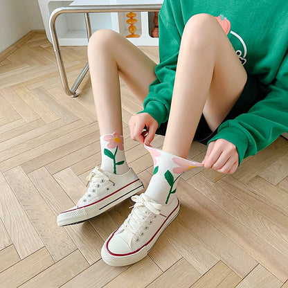 Women Socks Flower Rabbit Pattern Cute Kawaii Japanese Korean Style Cotton Harajuku Funny Breathable Casual Spring Floral Socks