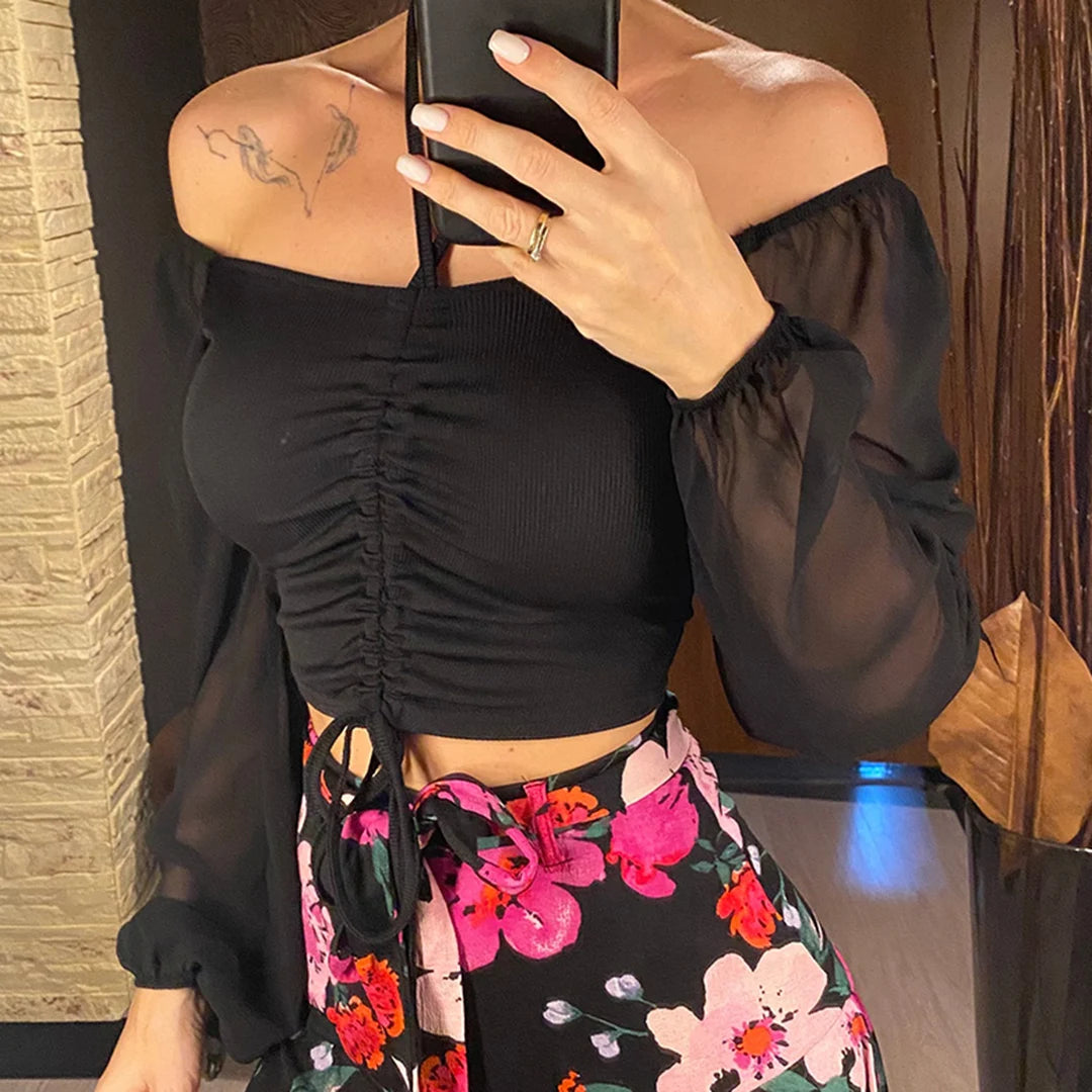 S-3XL Mesh Lantern Sleeves Drawstring Wrap Chest Bare Midriff T-Shirt Women Long Sleeve Ruched Blouse Sexy Crop Top Tee K5995