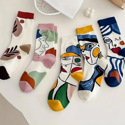 5 Pairs Elegant Cartoon Graffiti Women Tube Socks Fashionable Oil Painting Art Printing Soft Comfortable Breathable Casual Socks