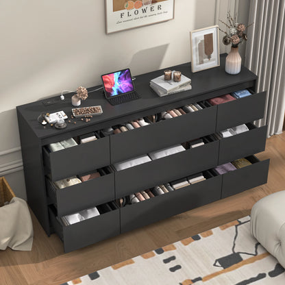 9 Drawer Dresser for Bedroom, 63" Modern Large Wood Chest of Drawers with Charging Station Handle Free, Storage Organizer Closet