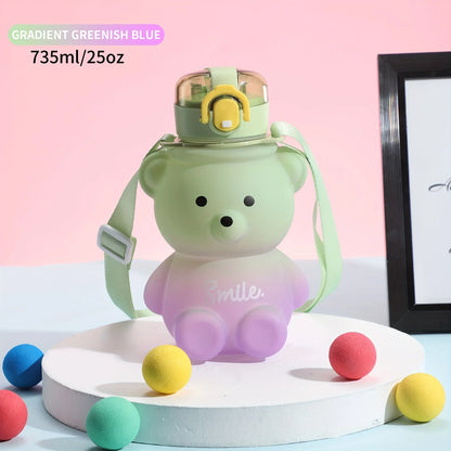 1pc Cute Bear Water Bottle BPA-Free Portable Kettle with Straw & Shoulder Strap Heat-Resistant Large-Capacity