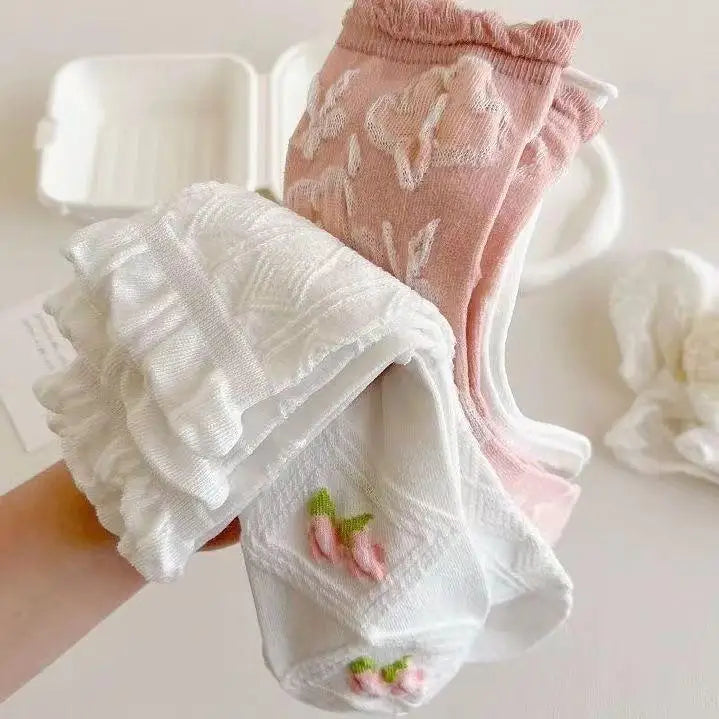 5 Pairs Lolita Japanese Woman Cute White Short Socks Set Girl Spring Summer Sweet Ruffle Lovely Cotton Socks For Women