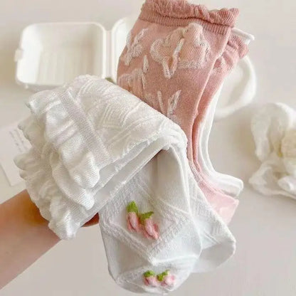 5 Pairs Lolita Japanese Woman Cute White Short Socks Set Girl Spring Summer Sweet Ruffle Lovely Cotton Socks For Women