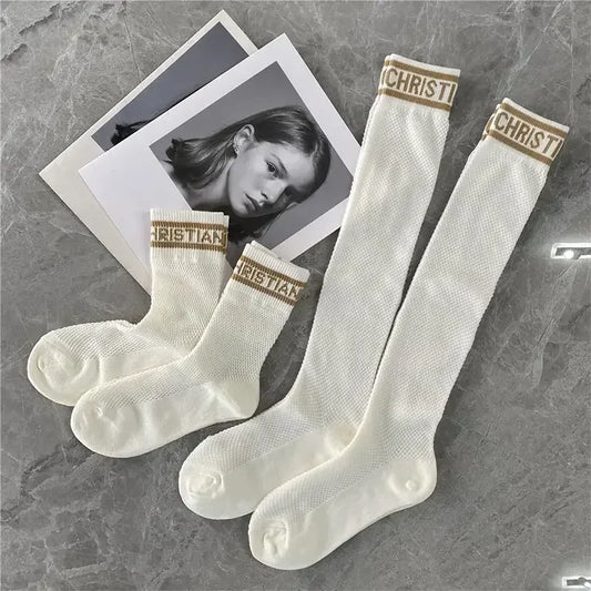 Leisure Knee Length Socks Soft Mid-tube Breathable Stockings Mesh Hollow High Sleeve Socks Outdoor Cotton Thin Sports Socks