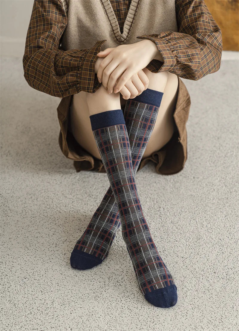 Stockings Women Harajuku Retro Vintage Plaid Long Socks Stocking JK College Style School Girls Cotton Knee Socks Women Stockings