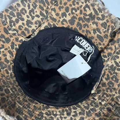 Retro Leopard Print Washed Fringed Fisherman Hat for Men and Women Seasonal Hanging Rope Outdoor Travel Basin Hat Sun Hat