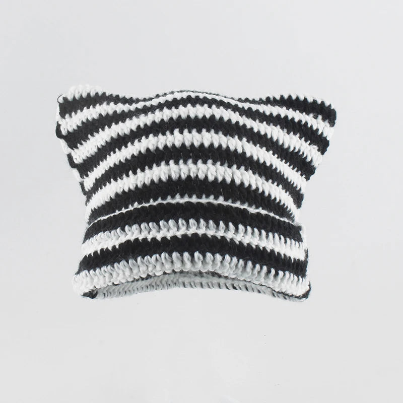 New Japanese Streetwear Harajuku Beanie Little Devil Striped Knitted Hat Women Girls Autumn Winter Cute Cat Ears Cap