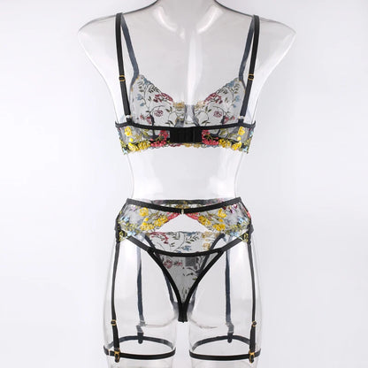 Ellolace Lingerie Sensual Lace Underwear Transparent Embroidery 3-Piece Garters Fancy Beautiful Short Skin Care Kits Intimate