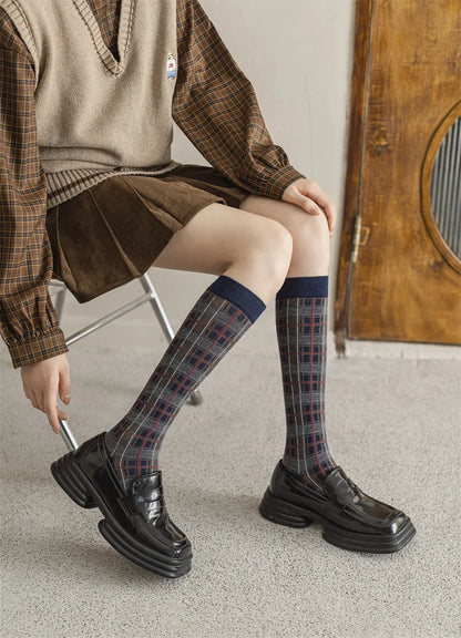 Stockings Women Harajuku Retro Vintage Plaid Long Socks Stocking JK College Style School Girls Cotton Knee Socks Women Stockings
