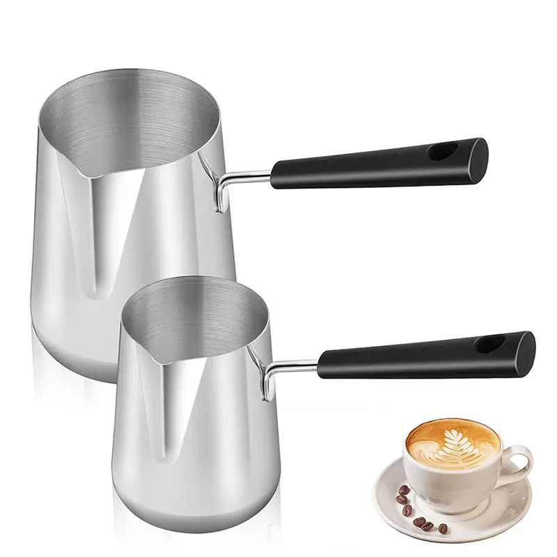 Long Handle Turkish Coffee Pot with Pouring Spout Stainless Steel Milk Butter Warmer Pot Stovetop Chocolate Melting Pan
