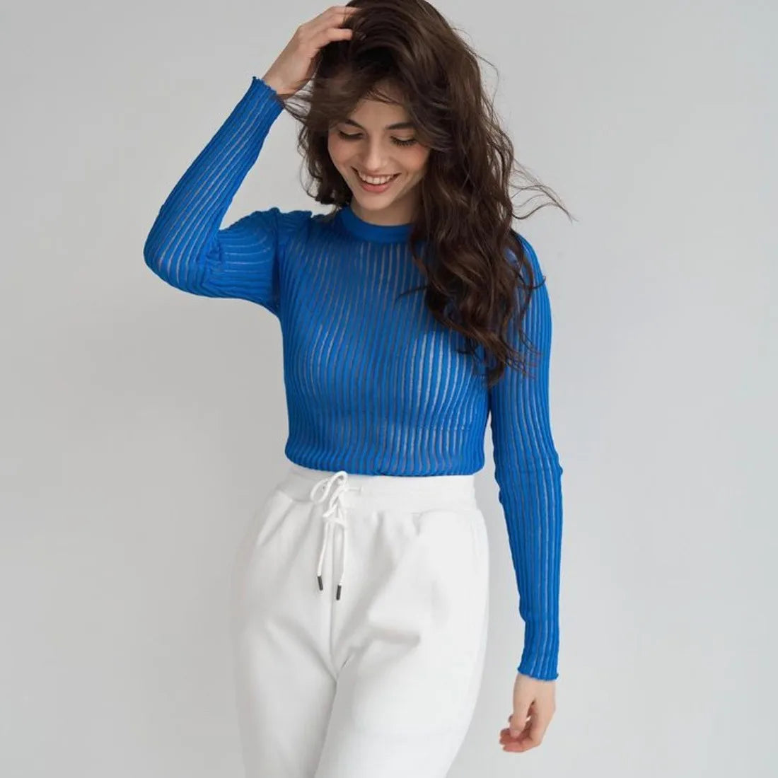 2024 Fashionable And Elegant Striped See-through Pullover Women's Tops Long Sleeve Versatile T-Shirt Skinny Club Party Outfit