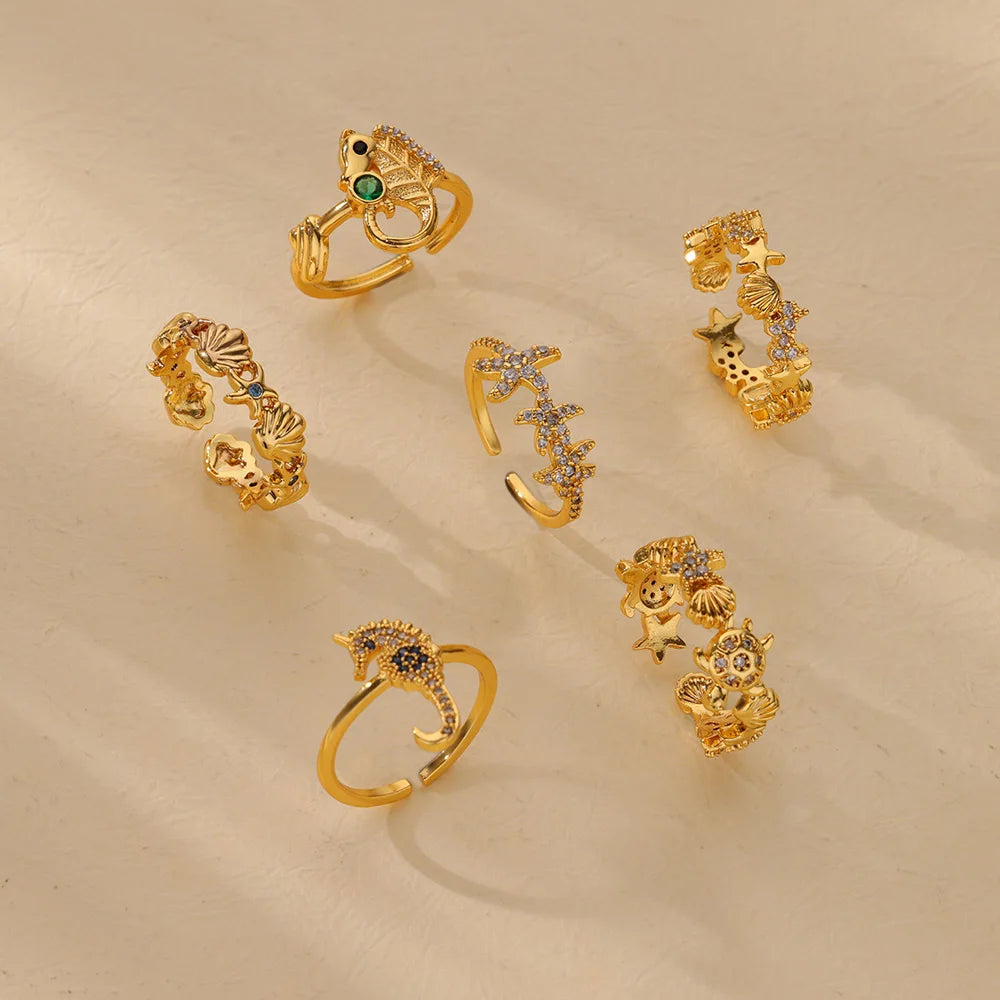 Dainty Zircon Shell Starfish Turtle Evil Eye Rings Stainless Steel Ring Women Anti Fading Golden Charm Jewelry Accessories Gifts