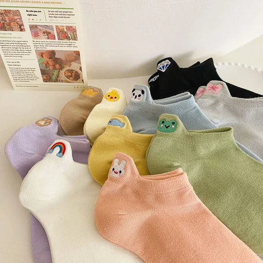 5 Pair Cute Embroidery Animal Women Socks Spring Summer Short Shallow Mouth Fashion Rainbow Female Low Cube Socks Set