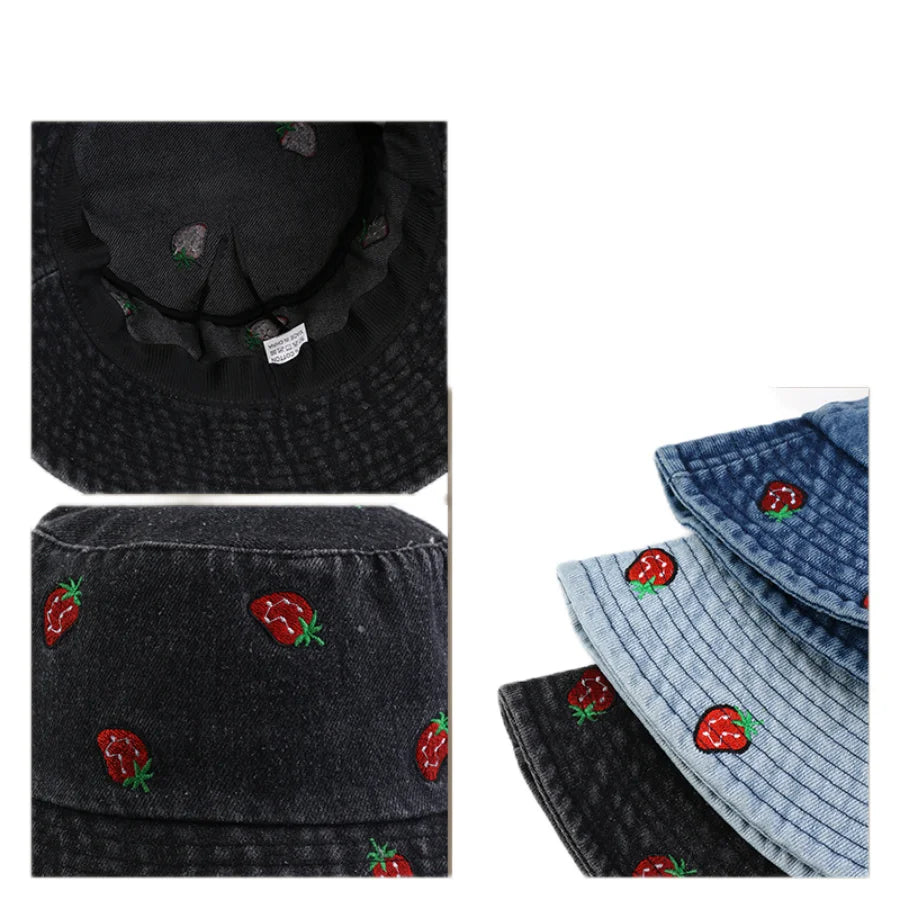 Spring Summer Strawberry Embroidery Denim Jeans Bucket Hat Legent Fisherman Hats for Women Foldable Sport Sun Beach Panama Caps