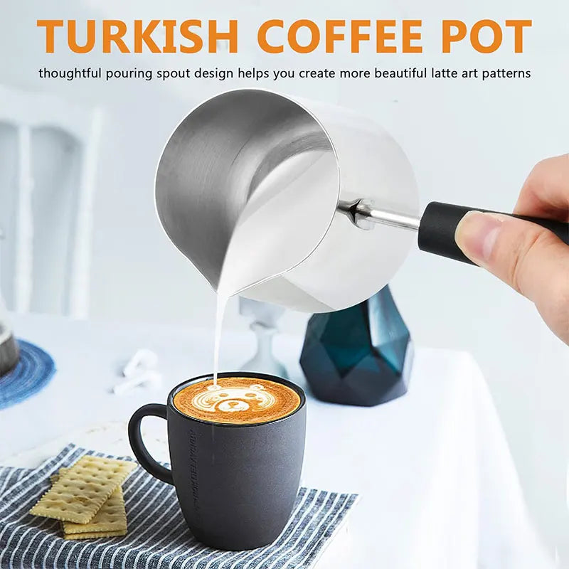 Long Handle Turkish Coffee Pot with Pouring Spout Stainless Steel Milk Butter Warmer Pot Stovetop Chocolate Melting Pan