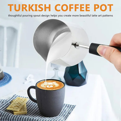 Long Handle Turkish Coffee Pot with Pouring Spout Stainless Steel Milk Butter Warmer Pot Stovetop Chocolate Melting Pan