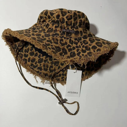 Retro Leopard Print Washed Fringed Fisherman Hat for Men and Women Seasonal Hanging Rope Outdoor Travel Basin Hat Sun Hat