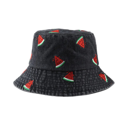 Spring Summer Strawberry Embroidery Denim Jeans Bucket Hat Legent Fisherman Hats for Women Foldable Sport Sun Beach Panama Caps