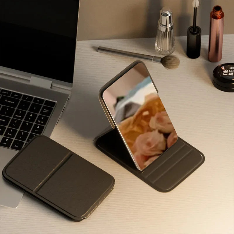 Woman MINI Folding Makeup Mirror High-quality Portable Pocket Makeup Mirror Single-side Creative Women Solid Color Handle Desk