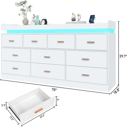 10 Drawer Dresser with LED Light and Charging Station, Modern Chest of Drawers for Closet, Wide Drawer Organizer Cabinet , White