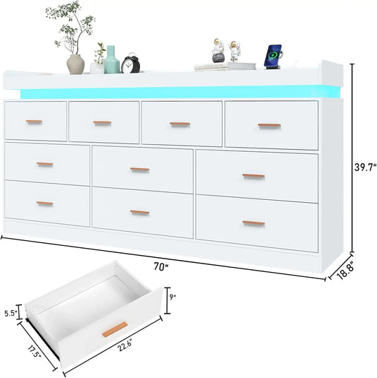 10 Drawer Dresser with LED Light and Charging Station, Modern Chest of Drawers for Closet, Wide Drawer Organizer Cabinet , White
