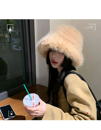 2024 Fluffy Faux Fur Bucket Hats Women Rabbit Fur Warm Thick Plush Winter Hat Lady Fashion Luxury Panama Furry Fisherman Cap Y2k