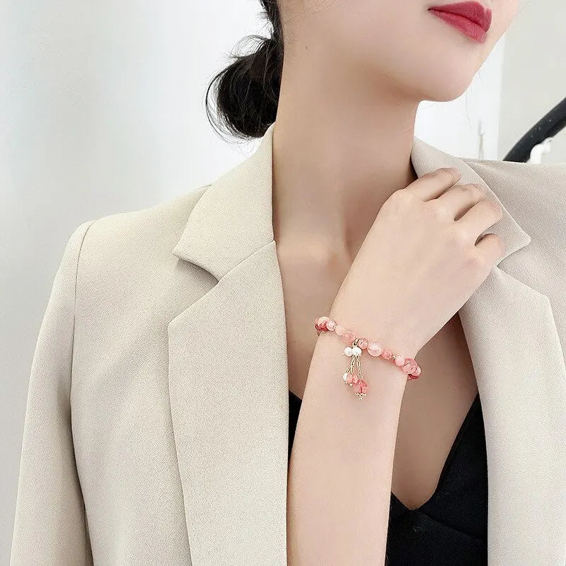 Pink Crystal Natural Stone Bracelet Reiki Energy Strand Bracelets Bangles For Women Prayer Blessing Health Wristband Jewelry