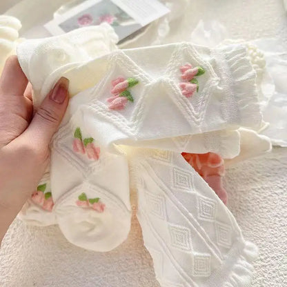5 Pairs Lolita Japanese Woman Cute White Short Socks Set Girl Spring Summer Sweet Ruffle Lovely Cotton Socks For Women
