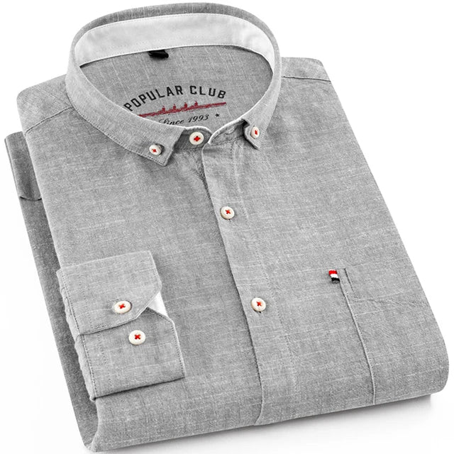 Men‘s Solid Button-Down Collar Dress Shirt - Breathable Cotton-Linen Blend - Long Sleeve, Slim-fit - Spring Summer Casual Chic
