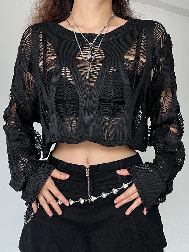 Perforated Hollow Out Knitted Blouse Sunscreen Long Sleeve Top Gothic Dark Black Sexy Thin Sweater Women's Summer Chic Crop Tops