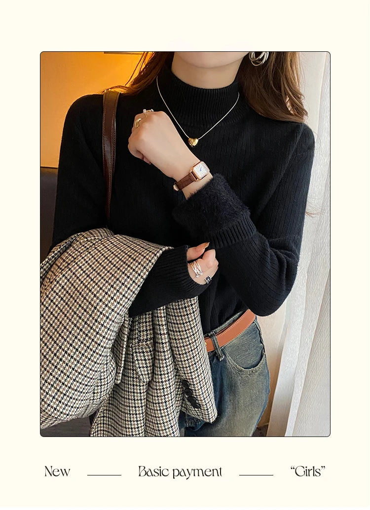 Women's Turtleneck Sweater Winter 2025 Retro Red with Velvet Lining Thickened Inner Wear Thermal Knitting Bottoming Shirt