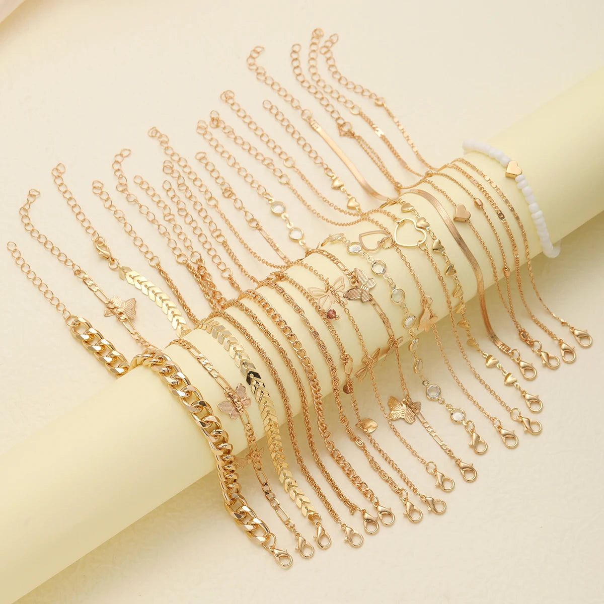 20 Pcs/Set Fashion Metal Butterfly Heart Pendant Anklets Set Bohemia Vintage Pearl Foot Bracelet Beach Woman Jewelry Gifts 2024