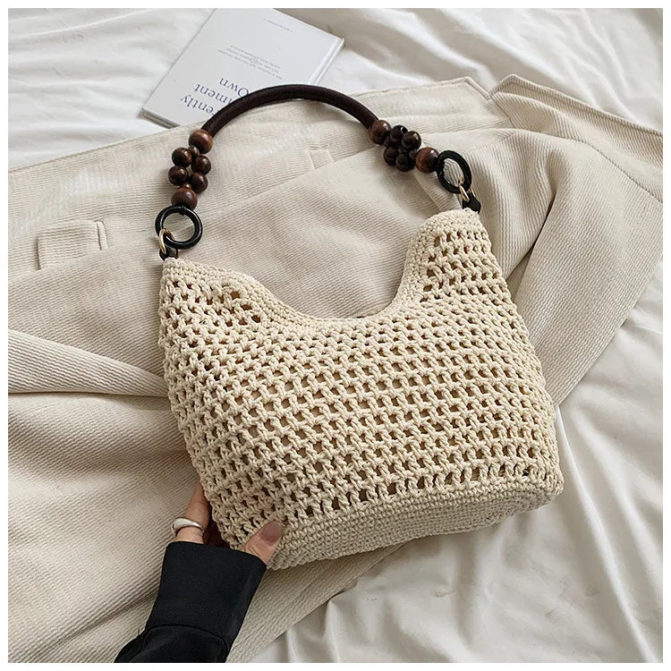 Beach Summer Bag for Women Mesh Woven Shoulder Bag Adjustable Strap Handbag Large Capacity Hobo Bag for Travel Vacation