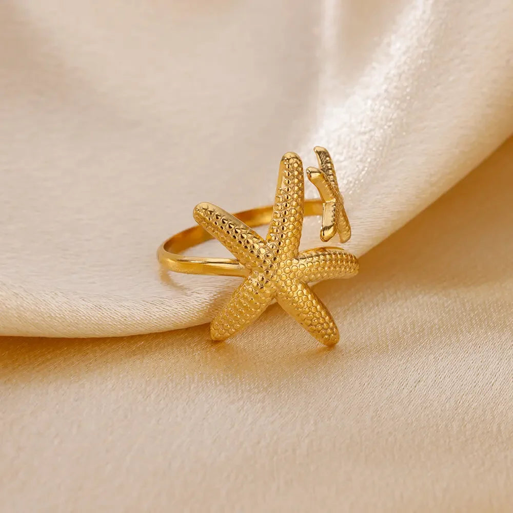 Dainty Zircon Shell Starfish Turtle Evil Eye Rings Stainless Steel Ring Women Anti Fading Golden Charm Jewelry Accessories Gifts
